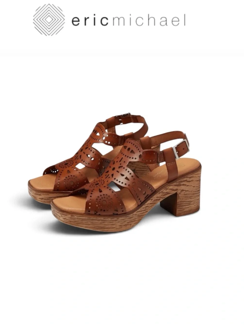 ERIC MICHAEL WHITNEY COGNAC LEATHER LASER CUT PLATFORM BOHO SANDALS NIB EU 40